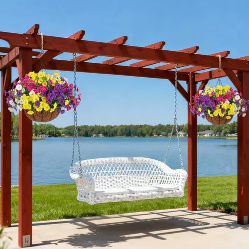Miniatura 5 de Flores colgantes artificiales con cesta para exteriores, petunias sintéticas, plantas colgantes falsas con eucalipto, resistentes a los rayos UV