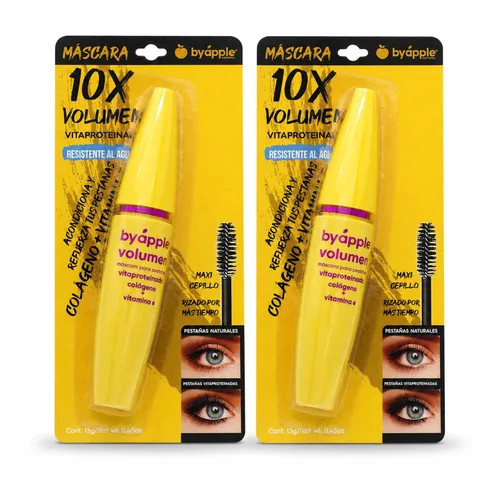 BY APPLE Volumen Mascara, 10 veces de volumen con vitaproteína, colágeno y vitamina E, resistente al agua, cepillo largo, negro, 0.45 onzas líquidas