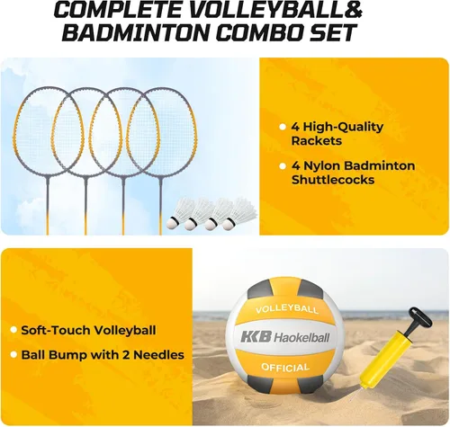 Miniatura 4 de Haokelball Combo de red de voleibol de bádminton – Ancho ajustable de 20 a 32 pies y altura, con 4 raquetas, volantes, voleibol, línea límite, bolsa
