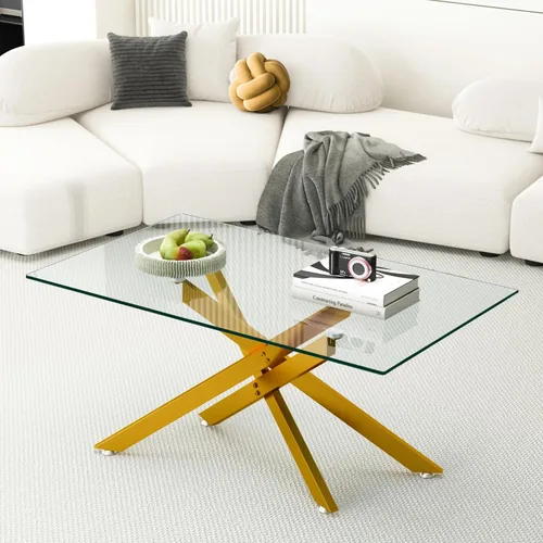 Miniatura 8 de Mesa de centro de cristal para sala de estar, moderna rectangular con parte superior de vidrio templado transparente y patas de metal, mesas de Negro