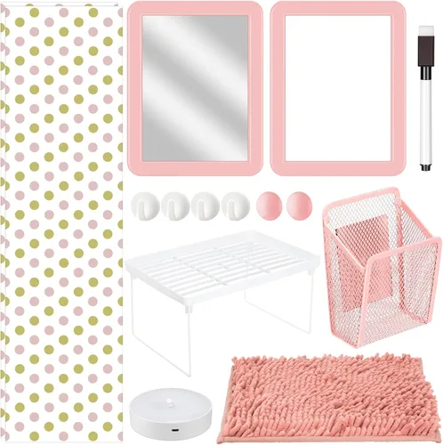 Chuangdi Organizador de casillero y kit de decoración de 17 piezas de artículos esenciales para el regreso a clases, estante magnético para Rosa