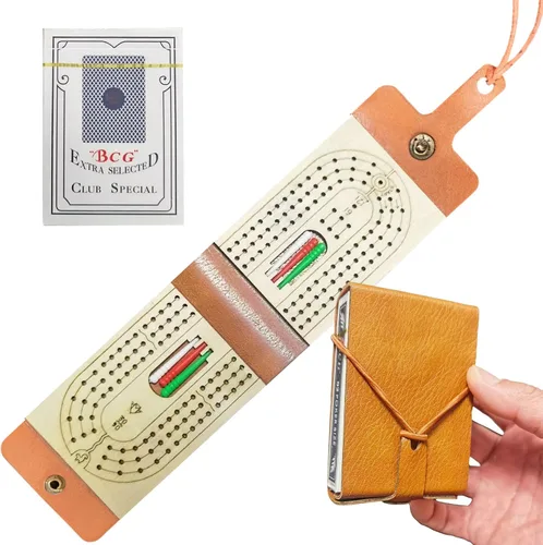 Foleto Juego de mesa de viaje para cunas – Tablero plegable de cuero de 3 pistas con 6 clavijas y baraja de cartas, cuna de madera portátil para 2-3