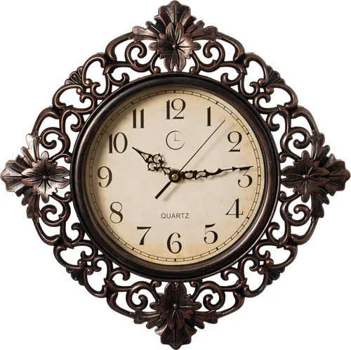 Clockswise Reloj de pared colgante redondo clásico de 11 pulgadas con marco floral adornado en acabado envejecido vintage para el hogar, entrada,