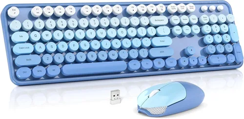 MOWUX - Combo de teclado y mouse inalámbricos, máquina de escribir de tamaño completo, retro, redondo, lindo mouse óptico inalámbrico, Plug and Azul