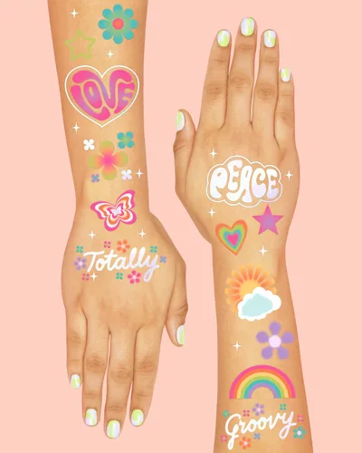 Miniatura 4 de xo, Fetti Tatuajes temporales Groovy Rainbow – 68 piezas de papel de aluminio iridiscente Accesorio de cumpleaños de los años 70, recuerdo