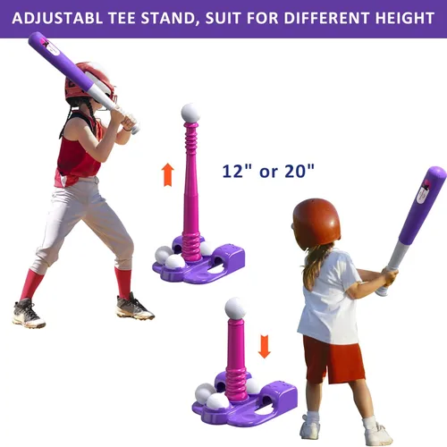 Miniatura 6 de QDRAGON Juego de 2 en 1 de T Ball para niños de 3-5 y 5-8 años, juego de Tee Ball con máquina lanzadora automática/bate de bateo ajustable y Rosa