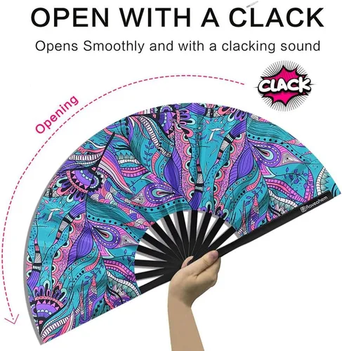 Miniatura 3 de Abanico Plegable Grande, Abanico Rave Clack de 13 Pulgadas, Abanico de Mano para Mujeres y Hombres con Tela de Satén Premium, Marco de Bambú Grueso