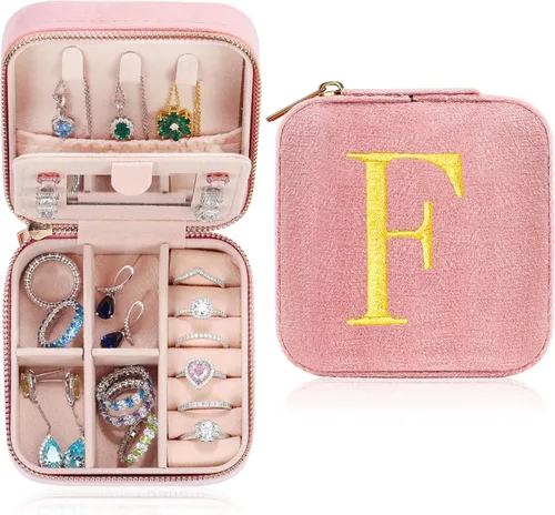 Organizador de joyas de terciopelo de felpa, soporte de joyería rosa, caja de joyería pequeña, monograma, vacaciones y viajes, regalos de cumpleaños