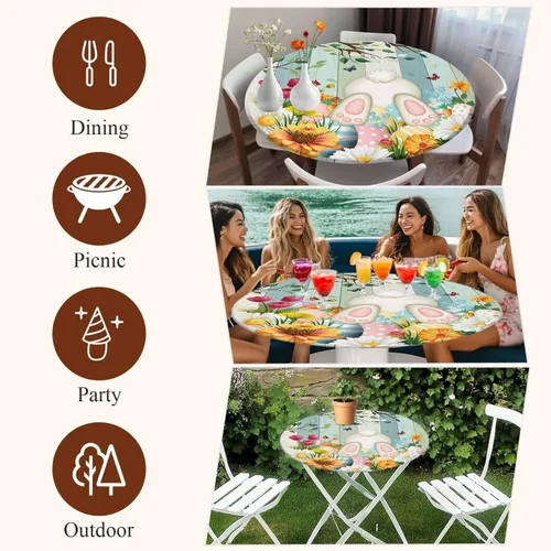 Miniatura 7 de Mantel Ajustable con Cola de Conejo de Pascua para Mesa Redonda, Cubierta de Mesa de Tulipán y Huevo de Primavera con Borde Elástico Impermeable