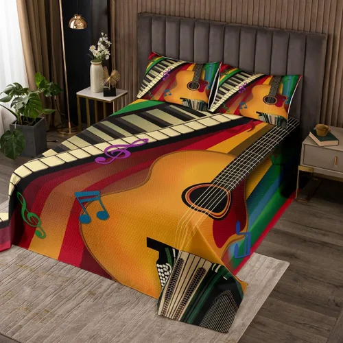 Miniatura 18 de Homewish Colcha de guitarra roja tamaño individual, juego de ropa de cama de música Hip Pop para decoración de habitación de niños y niñas, juego