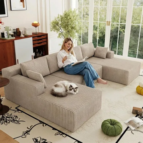 Miniatura 25 de Sofá modular Cloud de 95 pulgadas con otomana, moderno sofá nube en forma de U con asiento profundo, cómodo sofá de pana de 3 plazas, sofá de espuma