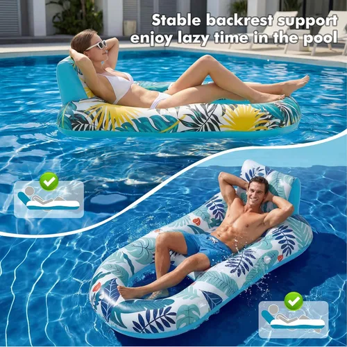 Miniatura 2 de Paquete de 2 flotadores inflables de alta resistencia para piscina, flotadores gigantes de piscina tamaño adulto con respaldo y reposapiés, balsas
