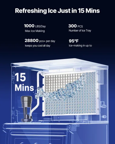 Miniatura 2 de VEVOR Máquina comercial para hacer hielo, máquina de hacer hielo de 1000 libras/24 horas con contenedor de almacenamiento de acero inoxidable de 500
