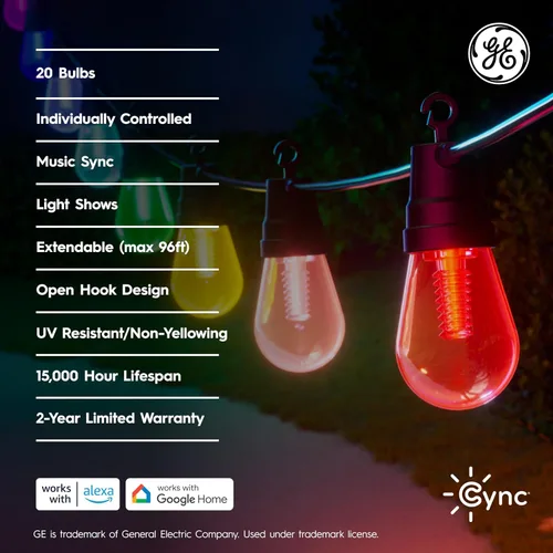 Miniatura 7 de GE Cync Luces inteligentes para café con efectos dinámicos, luces de cadena para patio que cambian de color, compatibles con Alexa y Google, 48 pies