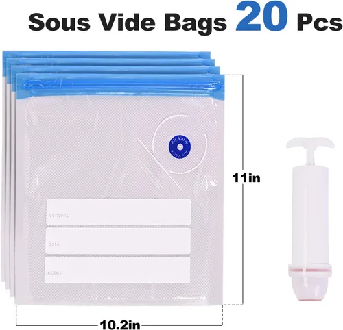 Miniatura 2 de Bolsas Sous Vide, 20 bolsas reutilizables de sellado al vacío de 10 x 11 pulgadas para alimentos, bolsa selladora con cremallera al vacío con bomba