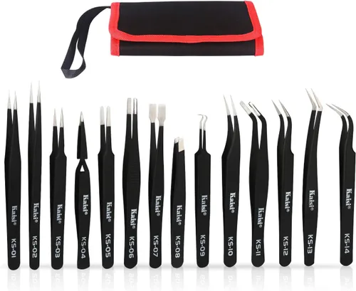 Kaisi Juego de 14 pinzas de precisión, juego de pinzas ESD, juego de pinzas antiestáticas de acero inoxidable para manualidades, joyería,