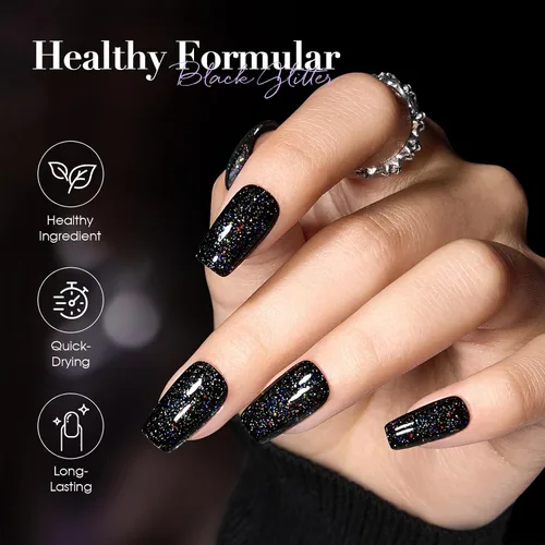 Miniatura 4 de COSMOO Esmalte de uñas de glitter negro de secado rápido, 12 ml, resistente a las astillas, vegano, de secado rápido, con vetas, de larga duración