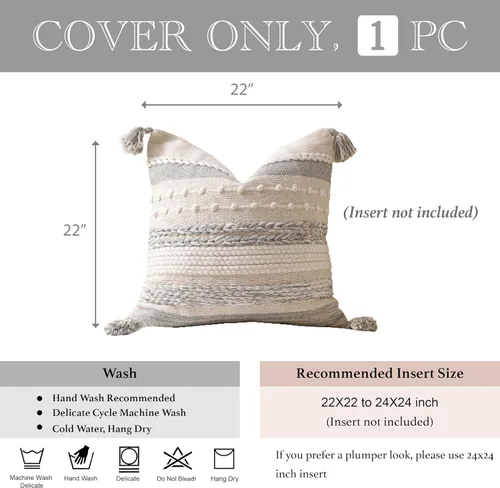 Miniatura 4 de BlissBlush Funda de almohada decorativa bohemia gris de 22 x 22 pulgadas, cojín cuadrado de estilo rústico para sofá, sala de estar y dormitorio
