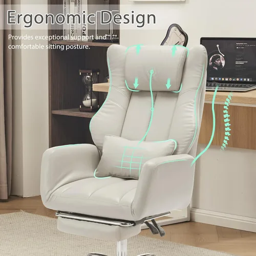 Miniatura 8 de Silla de oficina ergonómica con las piernas cruzadas con reposapiés, silla ejecutiva grande y alta de cuero con ruedas, reposabrazos reversible