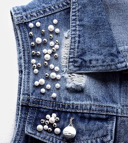 Miniatura 5 de LifeShe Chaleco de mezclilla sin mangas con perlas para mujer