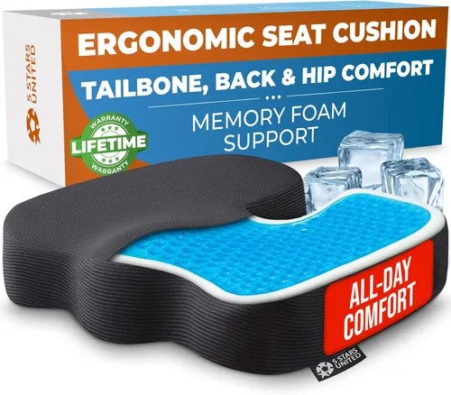 5 STARS UNITED Cojín de asiento para alivio del dolor de coxis – Cojín de espuma viscoelástica para coxis, hemorroides, ciática y recuperación