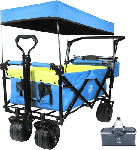 Carro plegable con toldo extraíble y bolsa enfriadora, carrito plegable resistente con ruedas todo terreno de 4 pulgadas para campamento, playa,