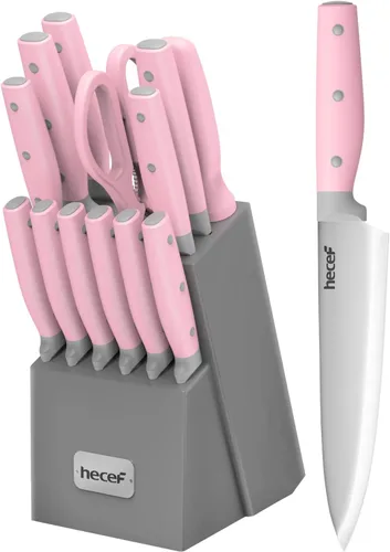 hecef Juego de cuchillos de cocina, juego de cuchillos de 14 piezas con bloque de madera y afilador de acero y tijeras multiusos, juego de cubiertos