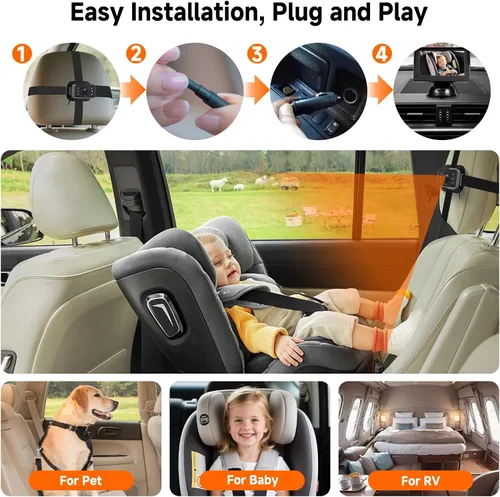 Miniatura 3 de VECHTEL Cámara de coche para bebé HD con orientación trasera para bebé con monitor de 4.3 pulgadas, visión nocturna IR, gran angular, fácil