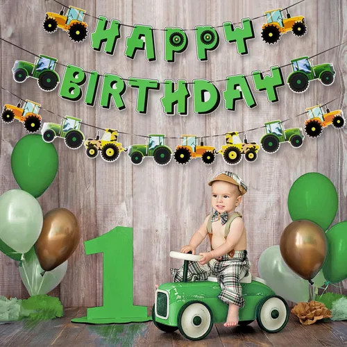 Miniatura 4 de SUNBEAUTY Juego de pancartas de feliz cumpleaños de tractor verde con guirnalda de tractor para decoración de fiestas de cumpleaños con temática