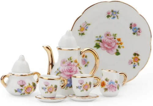 Miniatura 2 de Cutemini Juego de tazas de té de porcelana en miniatura a escala 1:6, 8 piezas, patrón de flores, tetera, plato, juegos de platos, casa de muñecas