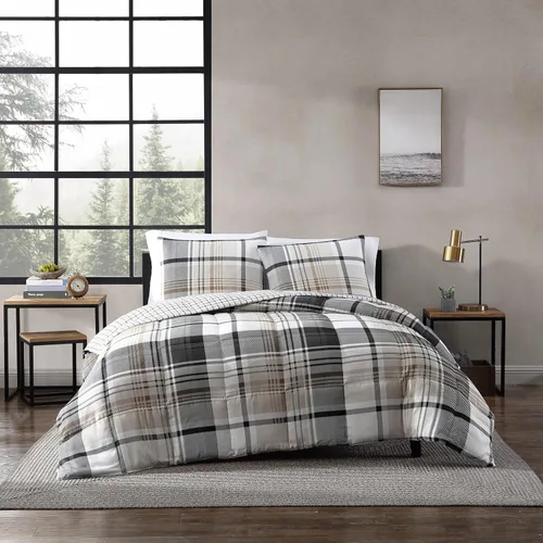 Eddie Bauer - Juego de edredón Queen, ropa de cama reversible a cuadros, elegante y cálida decoración del hogar (gris normandía, Queen)