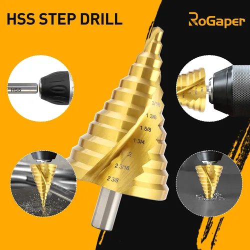 Miniatura 6 de Broca de Paso con Ranura en Espiral, 12 Escalones de Acero de Alta Velocidad 1/4" a 2-3/8", Brocas de Paso Grandes para Cortar Agujeros en Hierro
