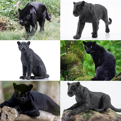 Miniatura 6 de Toymany 7 Piezas Figuras de Panteras Negras con Cachorro de Pantera y Tronco de Árbol, Figuras Realistas de Animales de la Selva Juego Familiar