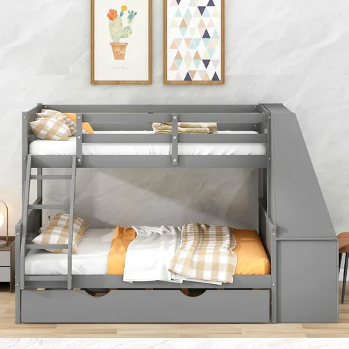 Miniatura 3 de Litera individual sobre cama matrimonial con escritorio, cajones y nido, marco de litera de madera con estante de almacenamiento (gris)