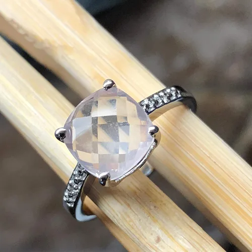 Miniatura 8 de Natural 1.5ct Pink Rose Quartz, White Topaz 925 Sterling Silver Engagement Ring Size 5, 6, 7, 8, 9