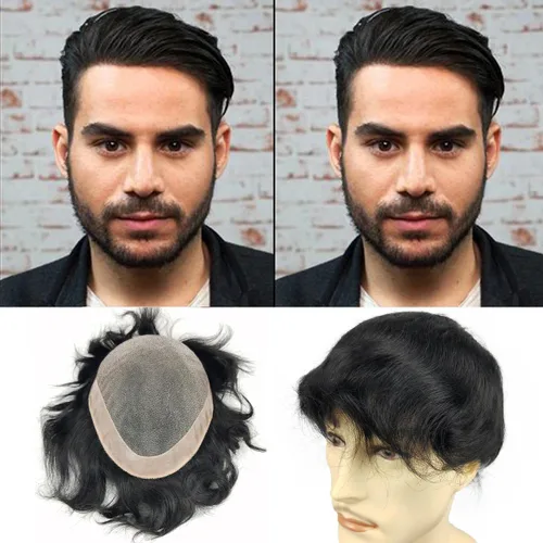 Miniatura 6 de HAPPY&CC Toupee - Piezas de cabello para hombre, sistema europeo de reemplazo de cabello humano de 10 x 8, base mono soldada fina con NPU alrededor