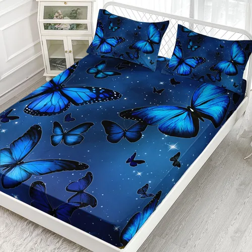 Miniatura 3 de Datura home Bedding - Juego de sábanas bajeras y sábanas encimeras, 4 piezas, estampado de mariposas azules, juego de ropa de cama con 1 sábana