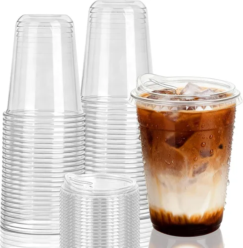 GGOLDMER Juego de 25 vasos de plástico transparente con tapas para sorber, tazas de café helado de plástico desechables de 16 onzas con tapas, fondo