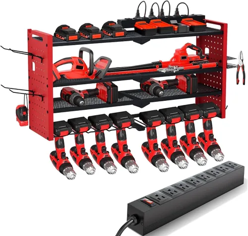 Miniatura 11 de GarveeTech Organizador de herramientas eléctricas, soporte de pared para taladro, estante de garaje resistente de 4 capas con cargas de metal de 400