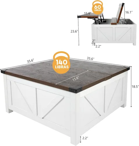Miniatura 2 de Jimeimmen - Mesa de centro elevada de granja con almacenamiento, mesa cuadrada de centro de madera con estación de carga y puerto USB, mesa de sala