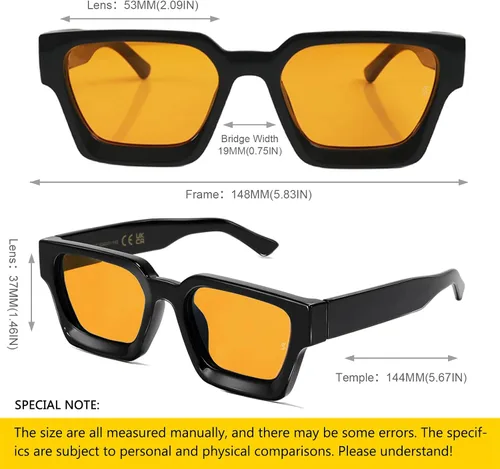 Miniatura 3 de SHEEN KELLY Gafas de sol rectangulares gruesas retro gruesas para mujeres y hombres, a la moda, cuadrados, negros, montura tipo tortie, gafas