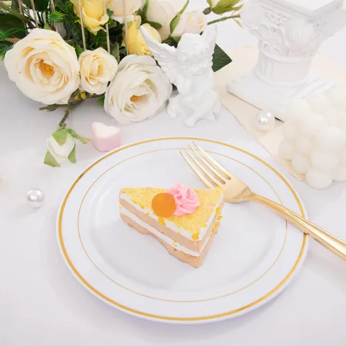 Miniatura 4 de Nervure 140 platos de plástico dorado festoneado y cubiertos de plástico dorado con mango blanco: 40 platos, 20 tazas, 20 tenedores, 20 cuchillos