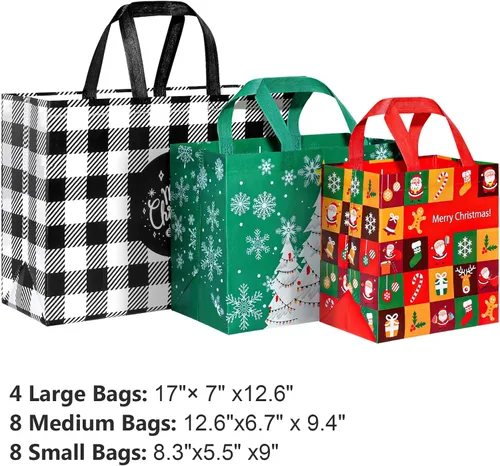 Miniatura 2 de YANGTE Paquete de 20 bolsas de regalo de Navidad de varios tamaños, bolsas reutilizables con asa, incluye 4 grandes 8 medianas 8 pequeñas bolsas