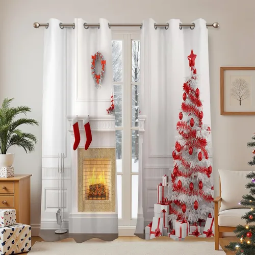 Miniatura 18 de Renaiss Cortinas opacas de Navidad con tablones de madera rústica para dormitorio, con ojales, estampado de copos de nieve navideños, cortinas