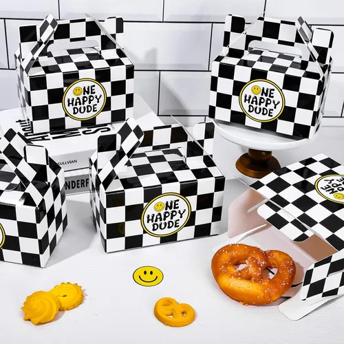 Miniatura 5 de Whaline 24 cajas de regalo de fiesta con texto en inglés «One Happy Dude», diseño clásico de tablero de ajedrez, cara sonriente, caja a dos aguas