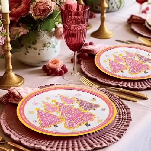 Miniatura 4 de 40 platos de Navidad de 9 pulgadas, platos de papel desechables de papel de lámina dorada, platos de fiesta de árbol de Navidad rosa para fiestas