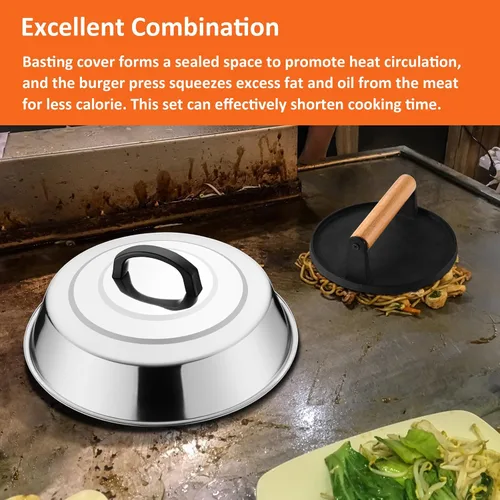 Miniatura 7 de Leonyo Smash - Kit de hamburguesa, cubierta de hilvanado de 12 pulgadas para plancha, prensa redonda de tocino de hierro fundido para queso, tapa