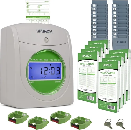 Miniatura 9 de uPunch HN1500, paquete inicial de reloj registrador para pequeñas empresas: sistema de reloj de punzonado para empleados con 100 tarjetas, estante