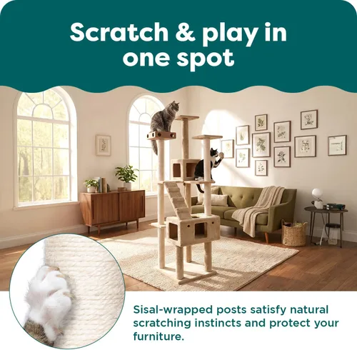 Miniatura 4 de Ascentials - Grand Suite Cat Scratcher Playground - Estructura de juego de torre alta para gatos, áreas de rascado de sisal, fieltro gris, chapa