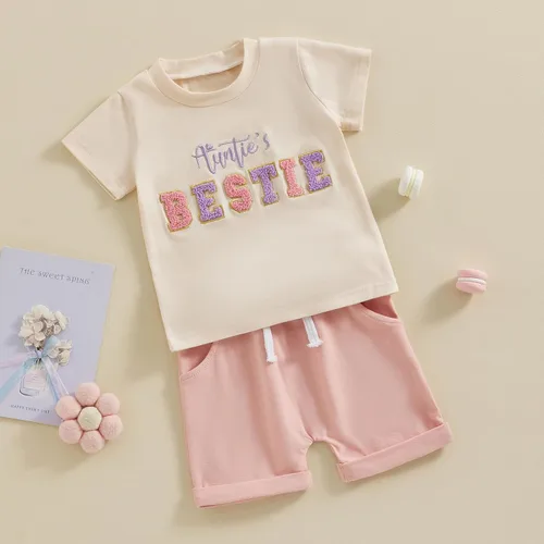 Miniatura 2 de Conjunto de 2 piezas de ropa para bebé niña pequeña con letras bordadas, camiseta y pantalones cortos para correr